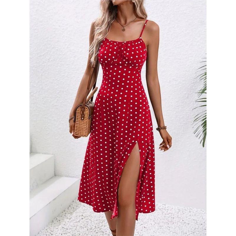 

One Collar Camisole Slit Floral Dress off-Neck Sling Slit Dress RED L