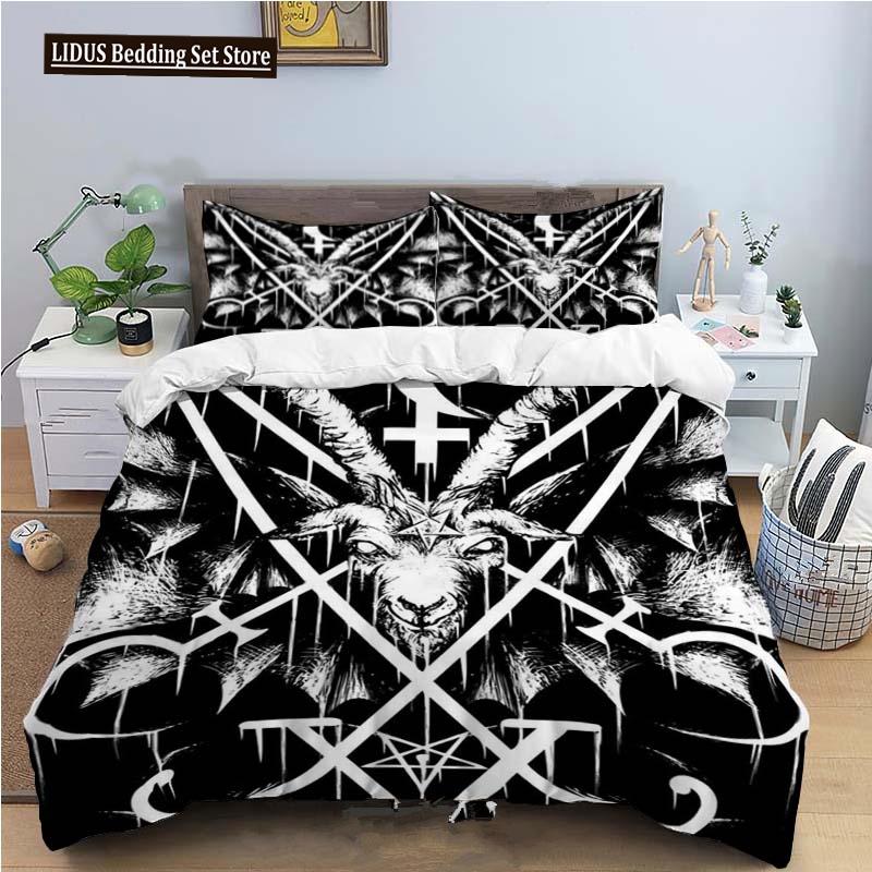 Dark Satanic Duvet Cover Set Satan Goat Inverted Pentagram Skull Bedding Set Full King Size Bed Set Bedroom Comforter Cover Set