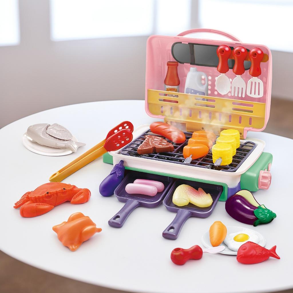 Electric Simulation BBQ Grill Toy With Spray Light Music Color Changing Food Pretend Play Kitchen Set For Kids Role Play