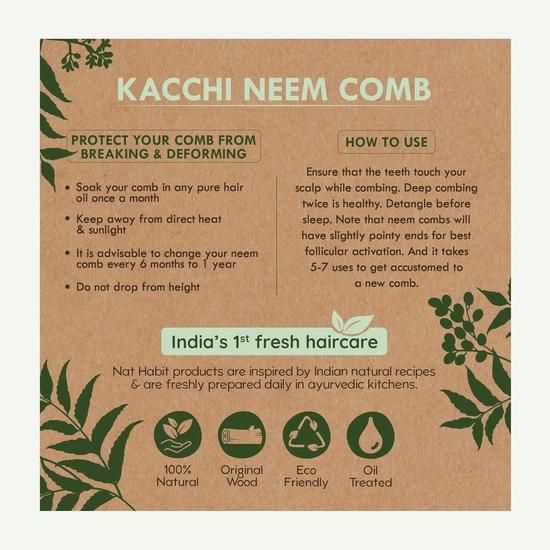 Nat Habit Kacchi Neem Wooden Comb -Soaked In 17 Herbs Neem, Castor & Coconut Oil For Multi-Shine,Suited For All Hair Types (Dual Tooth)