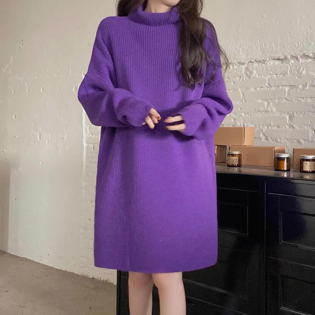 Korean Style High Neck Loose Sweater Dress - Petite Medium Length, Autumn/Winter