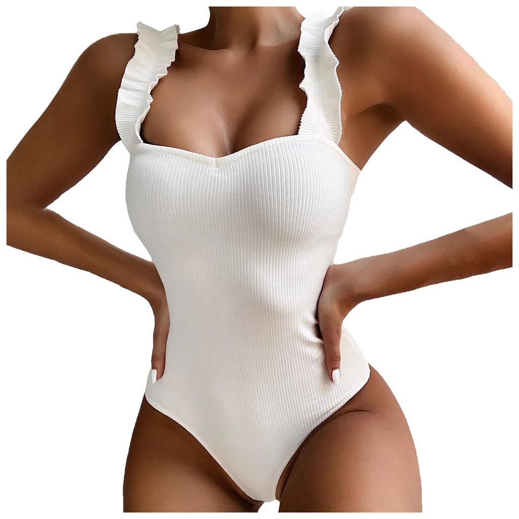 Women's One Piece Swimsuit Solid Color Ruffled Shoulder Straps Padded Chest Soft Fabric Wire-Free Beachwear Bathing Suit