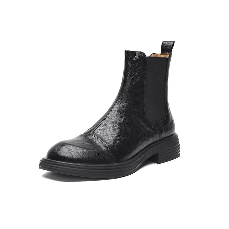 British style retro sheepskin short women's autumn and winter new versatile soft leather thick middle heel Chelsea Martin black