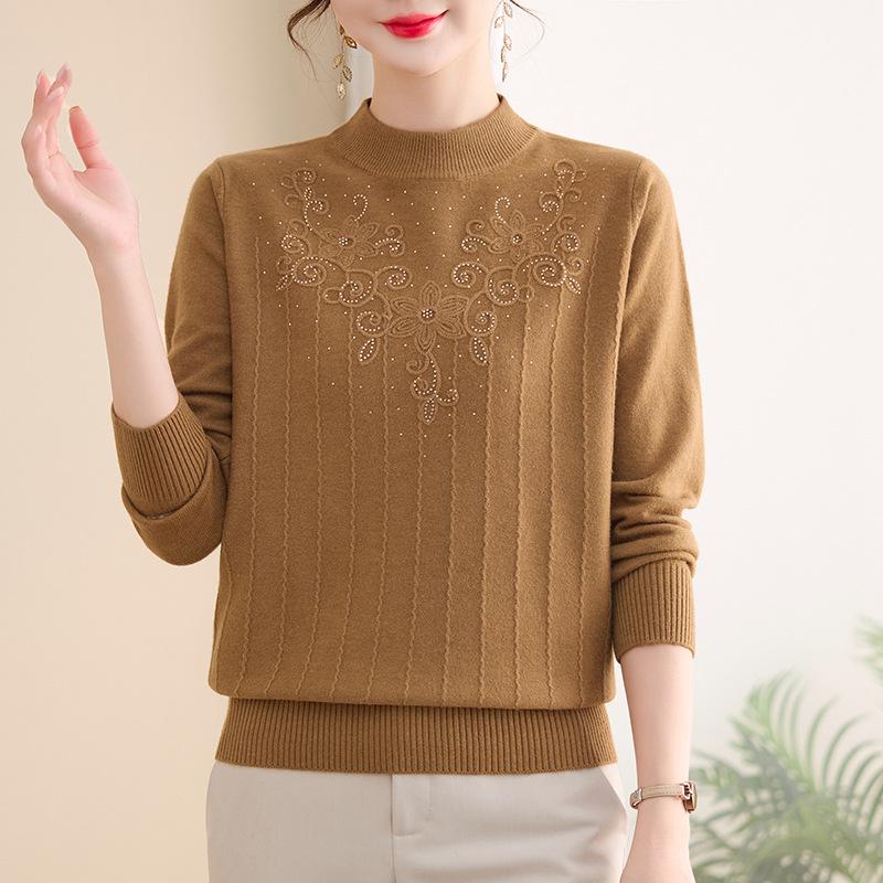 Mamas bestickter Wollpullover: Halbhoher Kragen, Ideale Basisschicht für Frauen mittleren und höheren Alters, Neu für Herbst/Winter