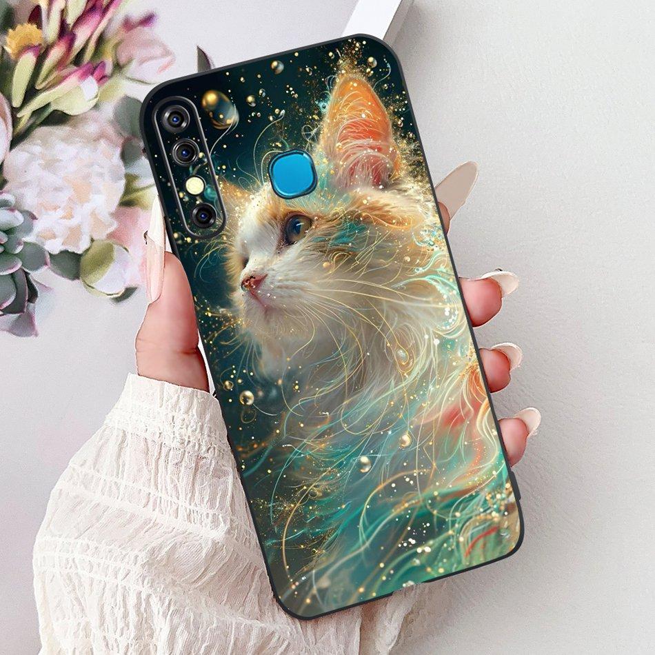 For Infinix Hot 8 Phone Case Hot 8 Lite Hot8 X650 X650C X650B X650D Elegant Floral Cat Pattern Black Silicone Soft TPU Cases