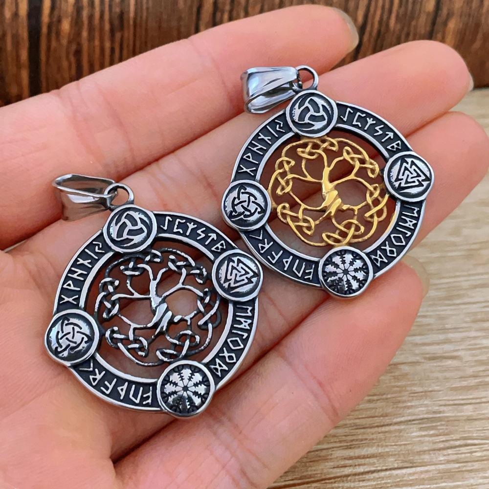 Stainless Steel Viking Odin Triangle Logo Rune Luna Tree of Life Necklace Pendant