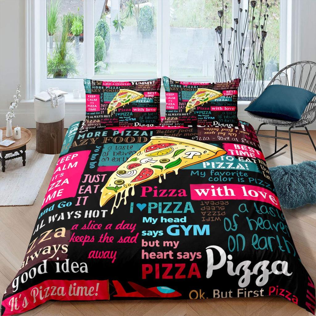 American Fast Food Duvet Cover Set Full Size Polyester Pizza Hotdog Hamburger Print Bedding Set French Fries Cartoon Quilt Cover