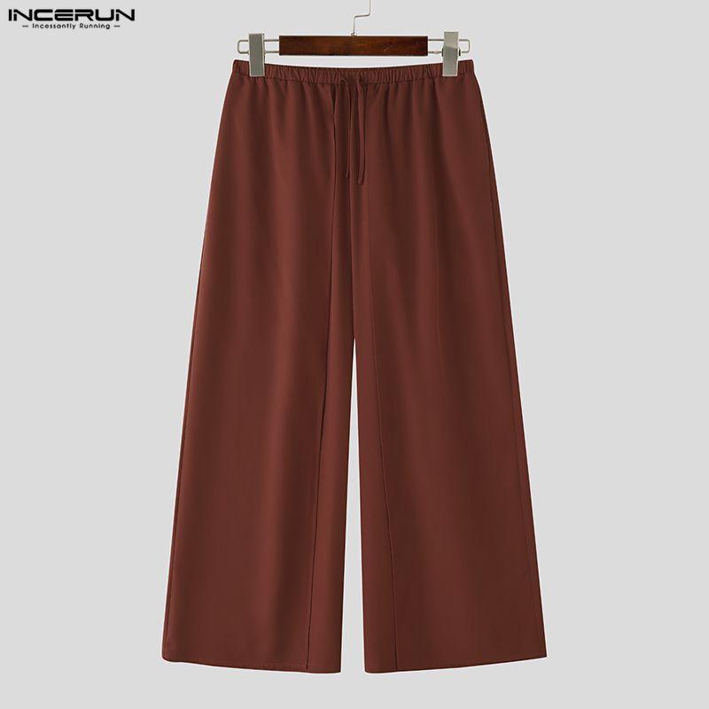 INCERUN Men Drawstring Elastic Waist Casual Long Wide Legs Pants Trousers