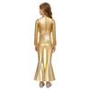 Girls Long Sleeve Sequin Metallic Crop Top Split Bell Bottom Shiny Pants Dance Performance Outfit