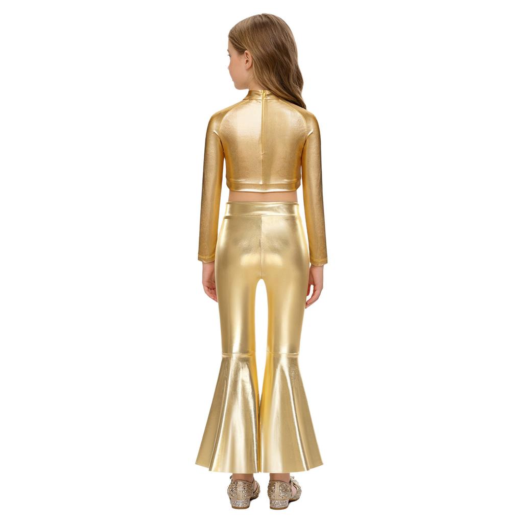 Girls Long Sleeve Sequin Metallic Crop Top Split Bell Bottom Shiny Pants Dance Performance Outfit