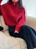 Women's Red High-Collar Zipper Knit Sweater - Short, Thick, Loose Fit for Autumn/Winter
