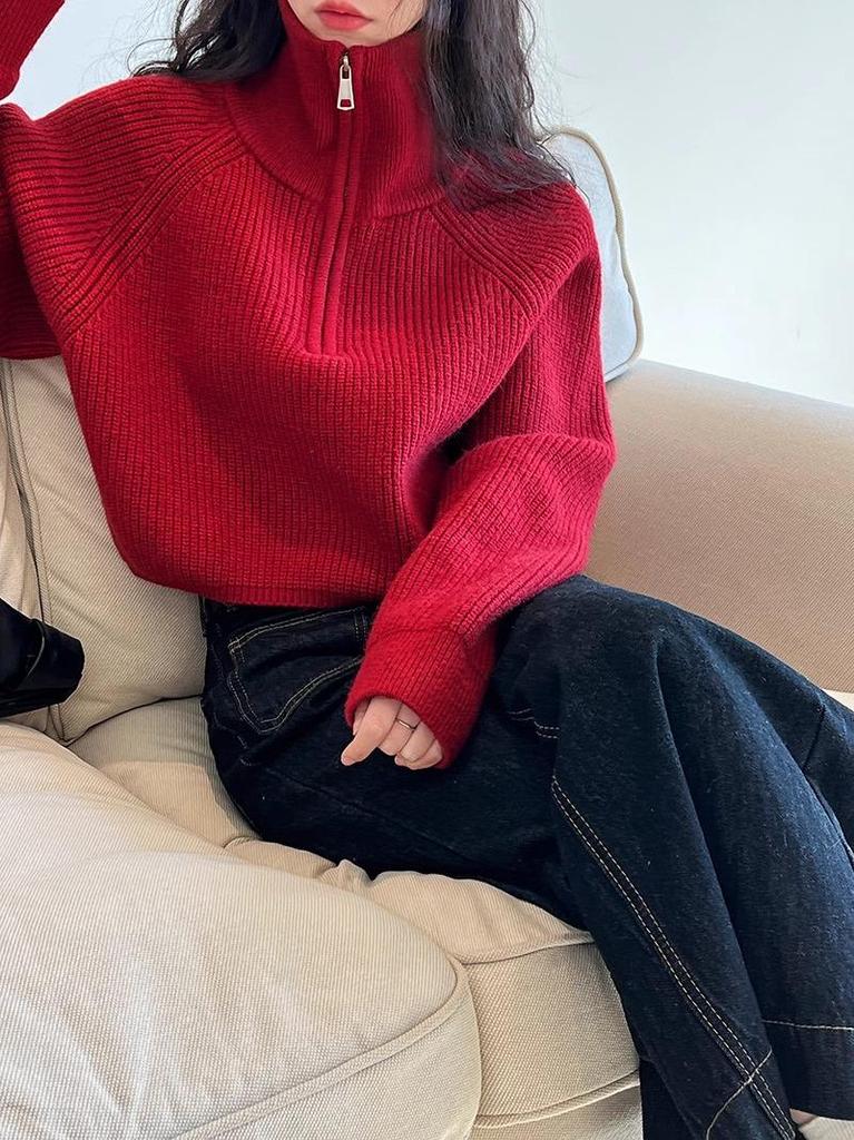 Women's Red High-Collar Zipper Knit Sweater - Short, Thick, Loose Fit for Autumn/Winter