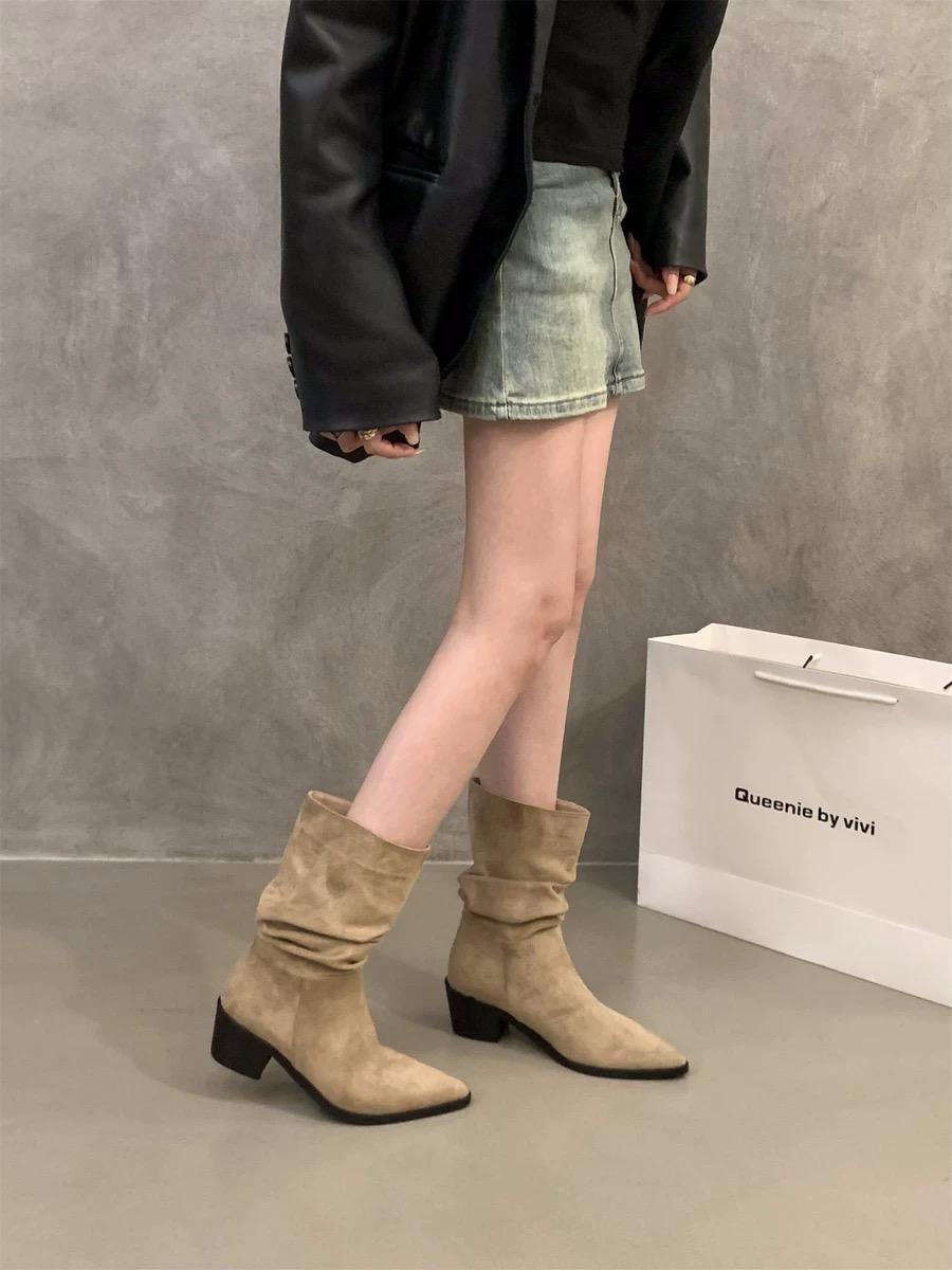 

Жіночі ботфорти до коліна Осінь Зима Жіноче взуття Мода Жіночі Сліпони Збірки Низький каблук Круглий носок Плоскі Довгі чоботи Взуття на платформі 35 хакі