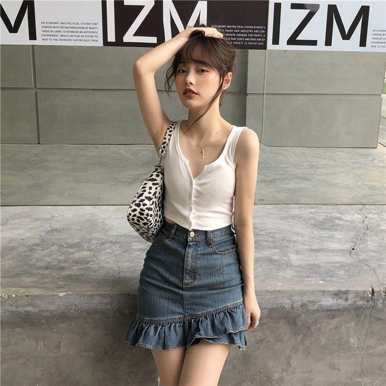 Solid Women's Vest Button Sexy Tops Sleeveless Black White Fashion Lady Tees