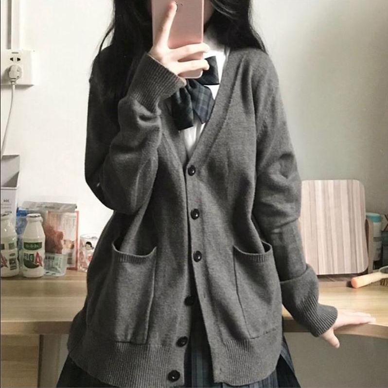 Spring and Autumn JK Sweater Solid Color V-neck Knitted Sweater JK Uniform Cardigan Top Women's Cotton Sweater