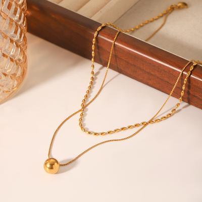 Double Layer Twist Chain with Oval Beads Titanium Steel Necklace Small Gold Ball Pendant Fade Resistant Jewelry