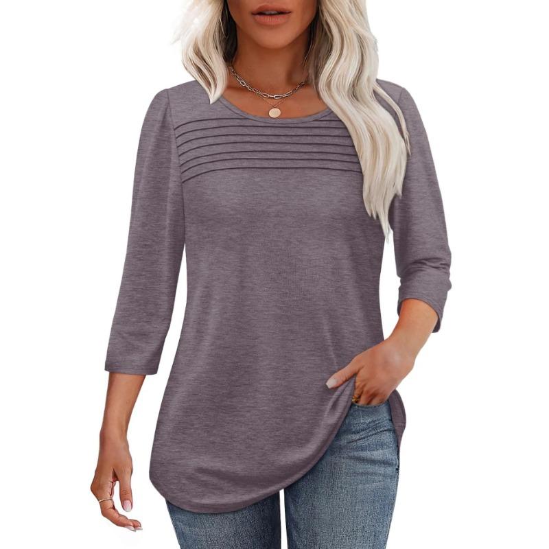 Autumn Round Neck Seven Quarter Sleeve Pleated Top Women's T-shirts