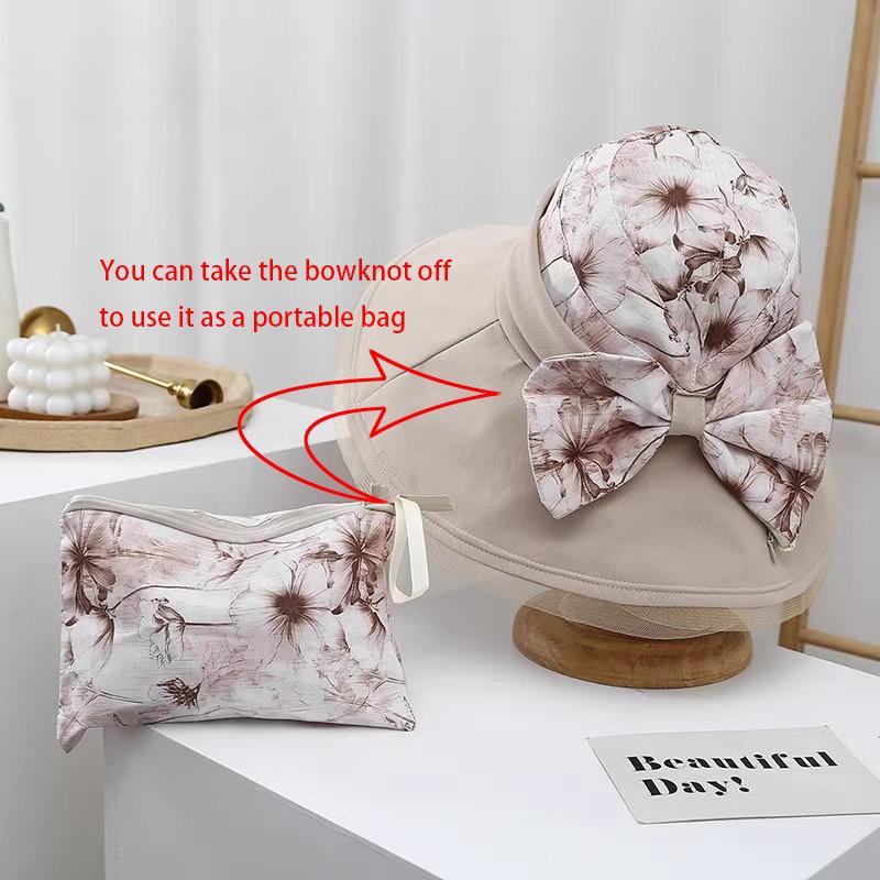 Uv Protection Women'S Beach Sun Hat Summer Wide Brim Portable Panama Cap For Woman Breathable Big Bowknot Floral Fisherman Hat