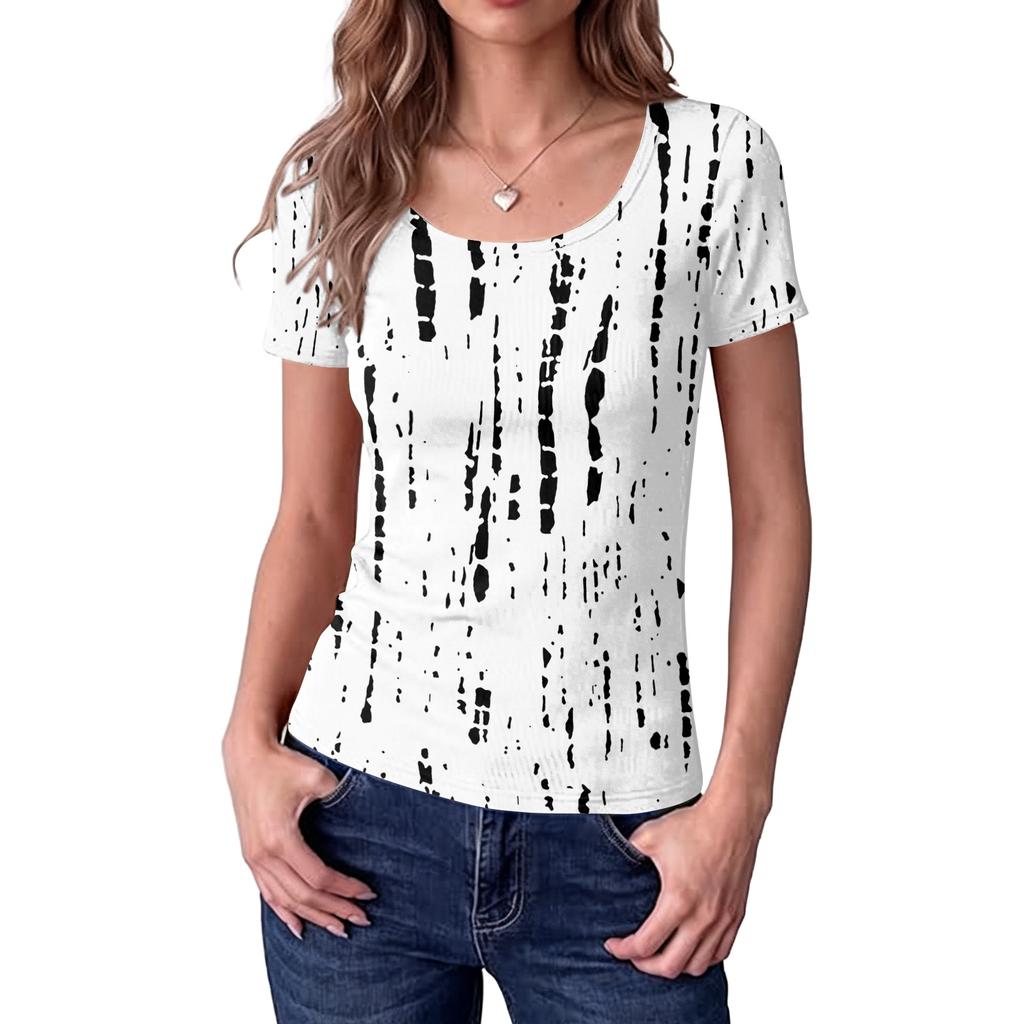 Women's Slim Fit Square Neck Floral Print Short Sleeve Top Ribbed Texture Casual Blouse Stretchy Lightweight Shirt for Everyday Wear
