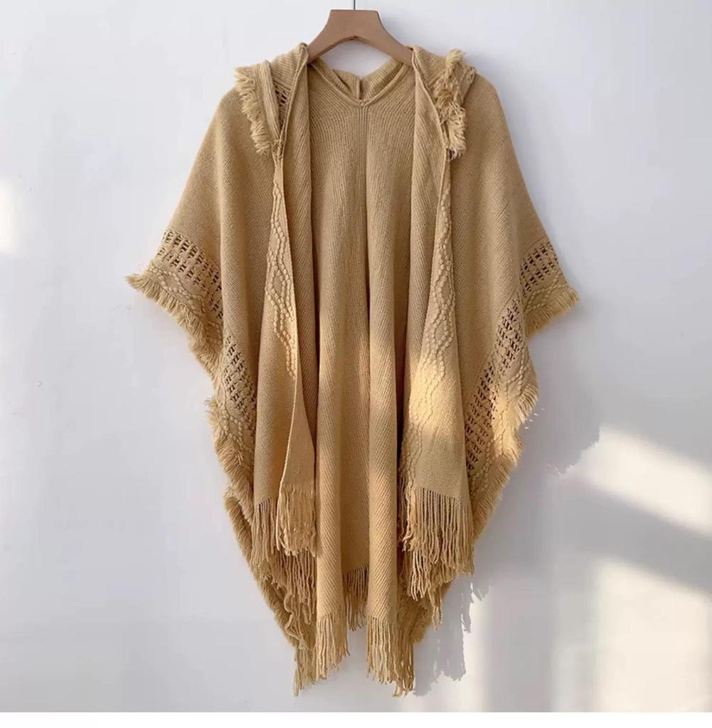 Ethnic Knitted Tassel Hooded Cape Shawl - Women's Autumn/Winter Outerwear for Travel Photography