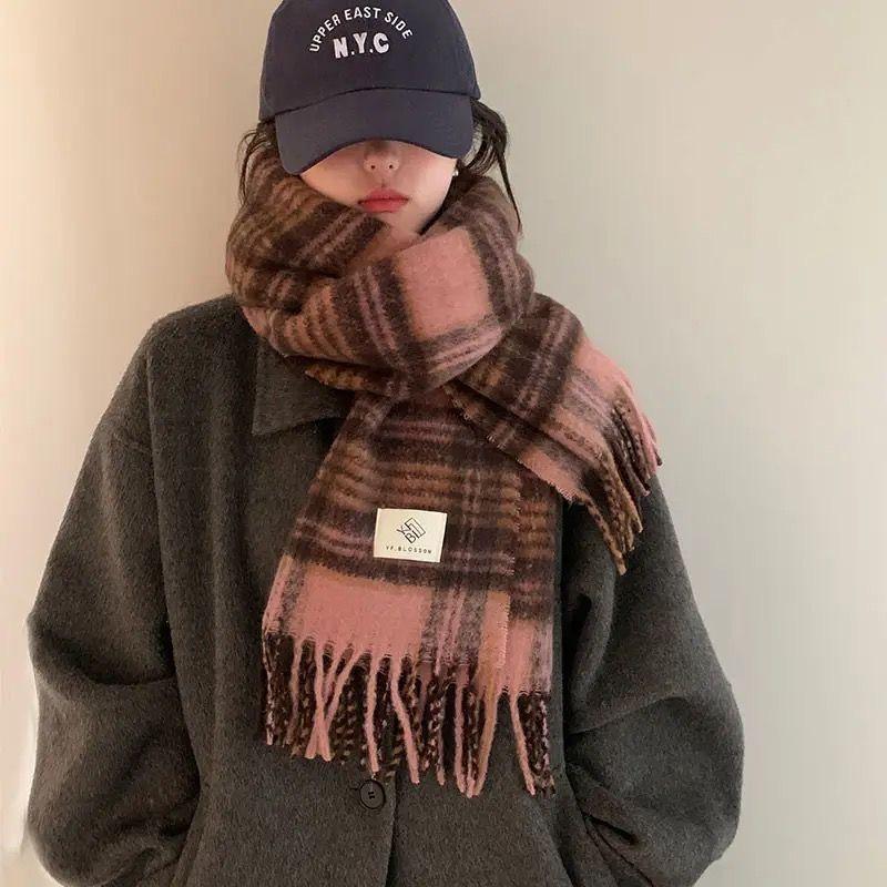 Korean Style Plaid Mohair Scarf - Women's Winter Imitation Cashmere Shawl