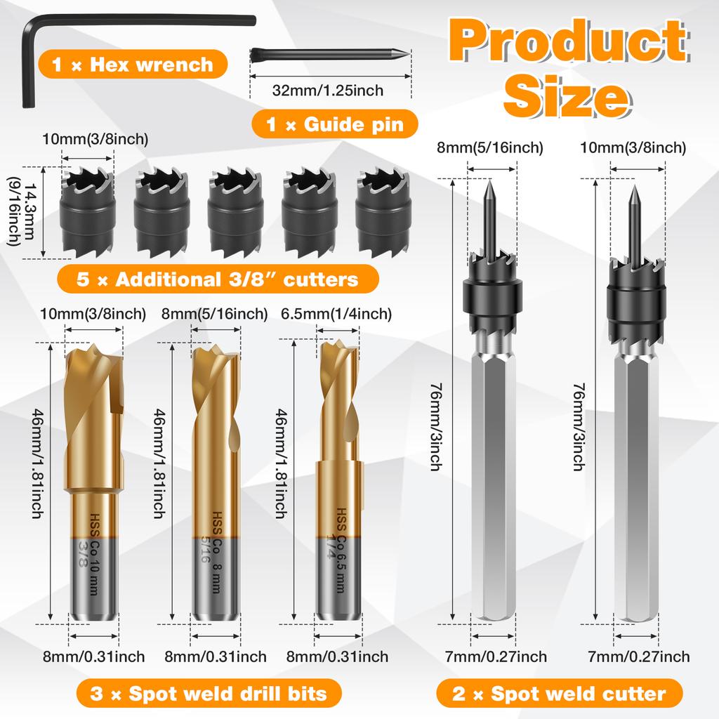 12Pcs Spot Weld Cutter Kit 3/8" 5/16" High Speed Steel Spot Weld Drill Bit with Cutter for Stainless Steel Iron & Aluminum Panel