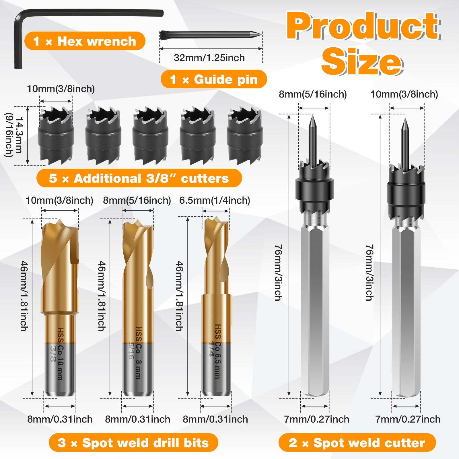 12Pcs Spot Weld Cutter Kit 3/8  5/16  High Speed Steel Spot Weld Drill Bit with Cutter for Stainless Steel Iron & Aluminum Panel