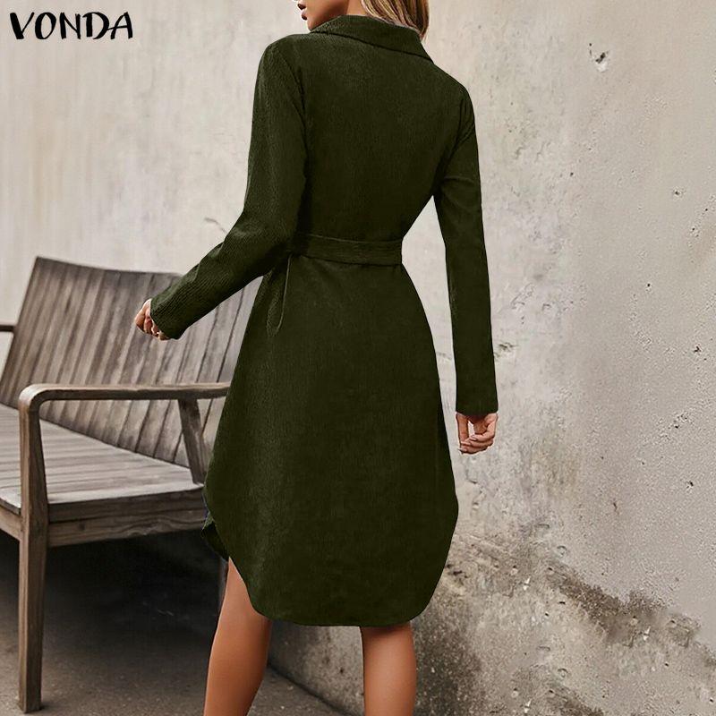 VONDA Spring Women Casual Lapel Neck Solid Color Texture Irregular Belt Long Sleeve Dress