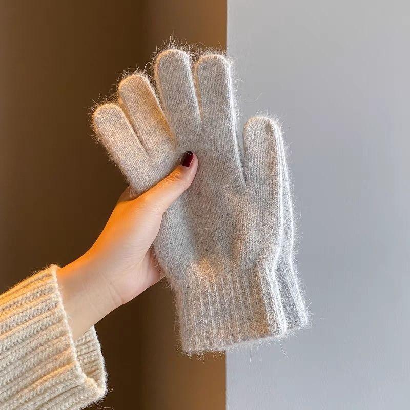 Finger gloves winter women's new thickened warm solid color cute student cycling cold-proof wool gloves women