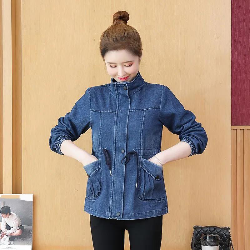 Women's Spring and Autumn Mid-length Drawstring Denim Jacket Solid Color Loose Elegant Top