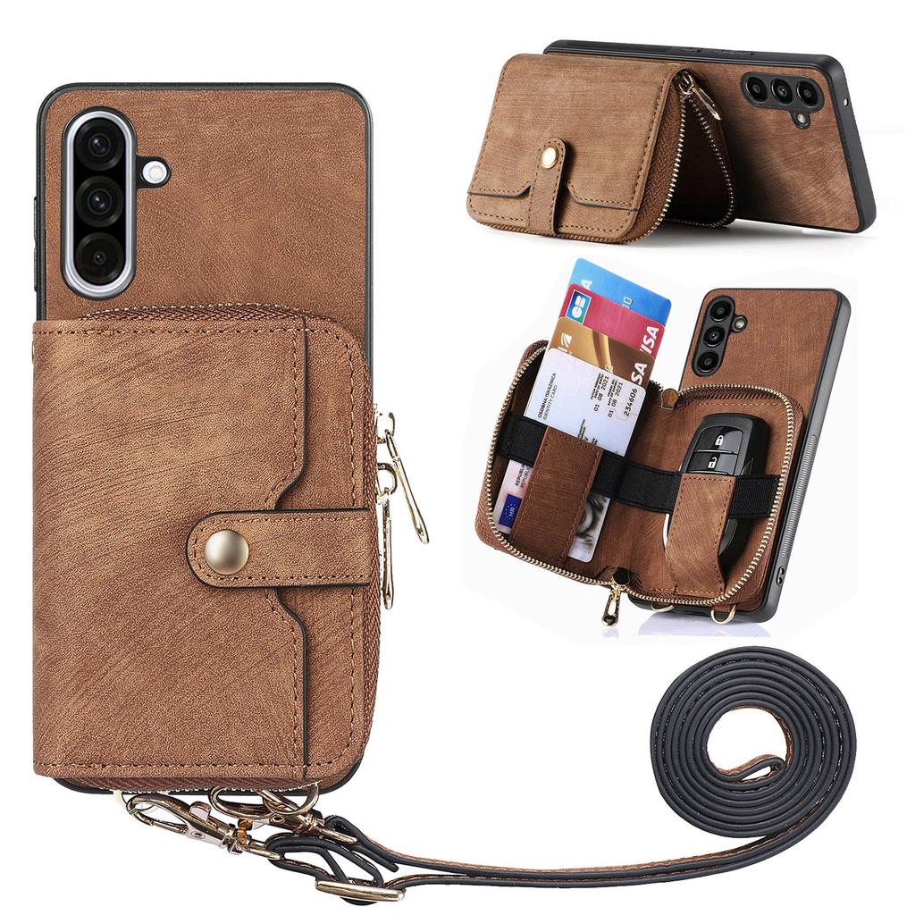 For Samsung Galaxy A56 5G PU Leather Phone Back Cover with Zipper Card Holder and Long Strap