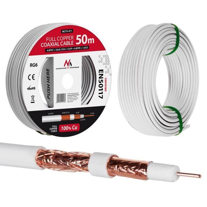 Câble Maclean MCTV-471 coaxial d'antenne cuivre RG6 50M