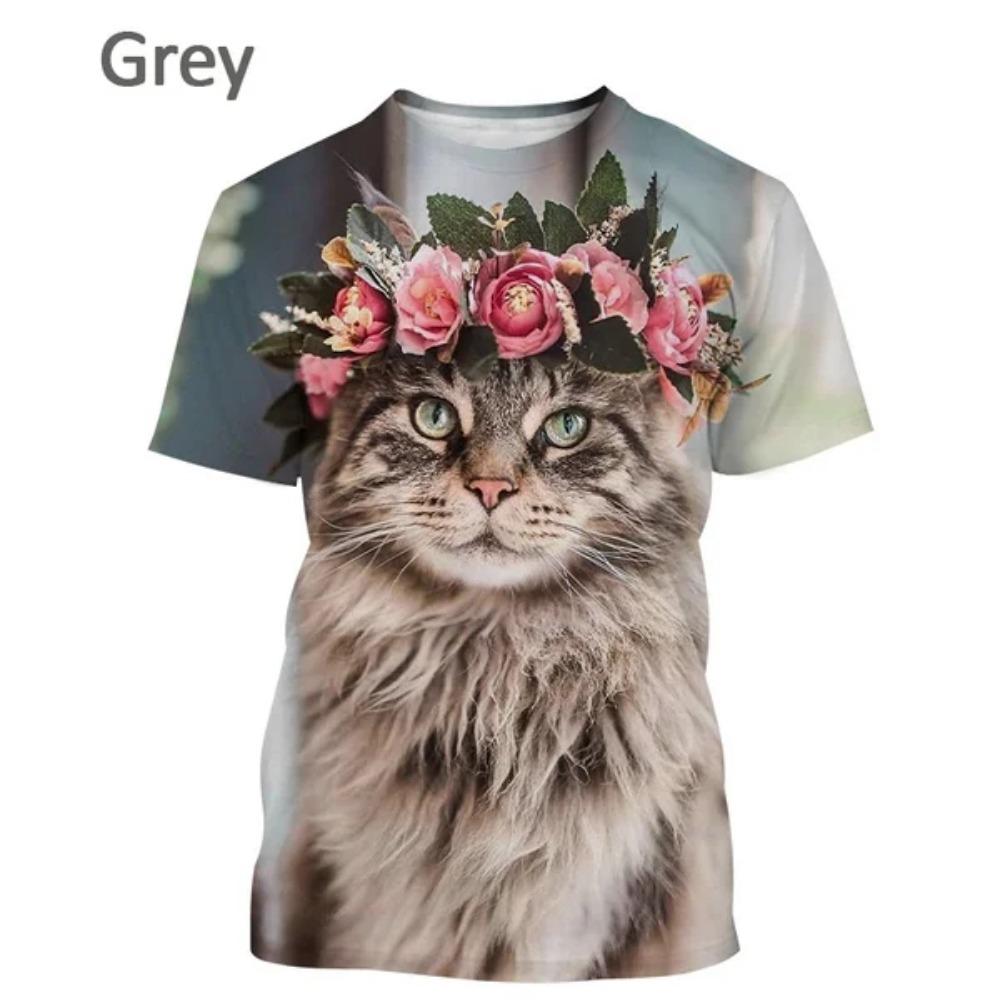 Nuova Maglietta a Maniche Corte con Stampa Floreale e Gatto alla Moda da Donna, Maglietta Casual Carina, Top Streetwear Animale Harajuku