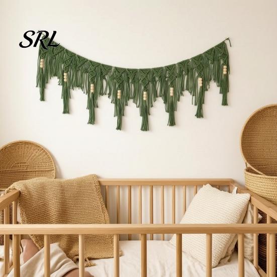Cotton Rope Backdrop Boho Garland Wall Hanging with Wooden Beads, Hand Woven Tassel Banner, Textured Decor Nordic Window Tapestry, Bohemian