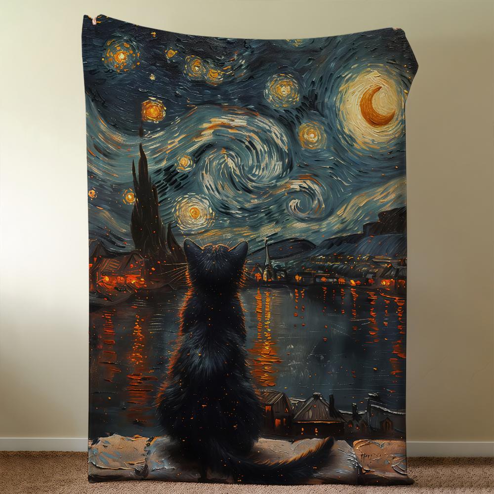 Starry Night And The Cat Blanket Throw Super Cosy Plush Living Room Sofa Couch Childish Birthday Gifts 75x90cm