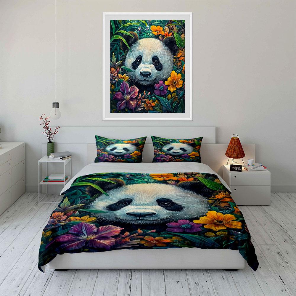 Adorable Panda Peeks From Vibrant Flowers Duvet Cover Set With 3D Printing Design Soft Polyester Bedding Set All-Season Comfort