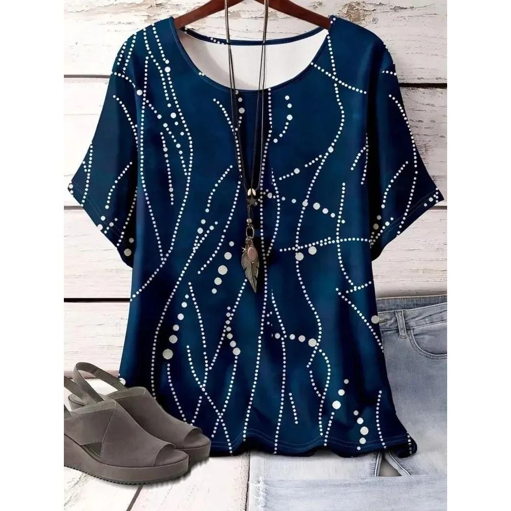 Women's Fashionable Breathable Round Neck Striped Grid Short Sleeved T-shirt Comfortable Soft Breathable Loose Summer Plus Size T-shirt