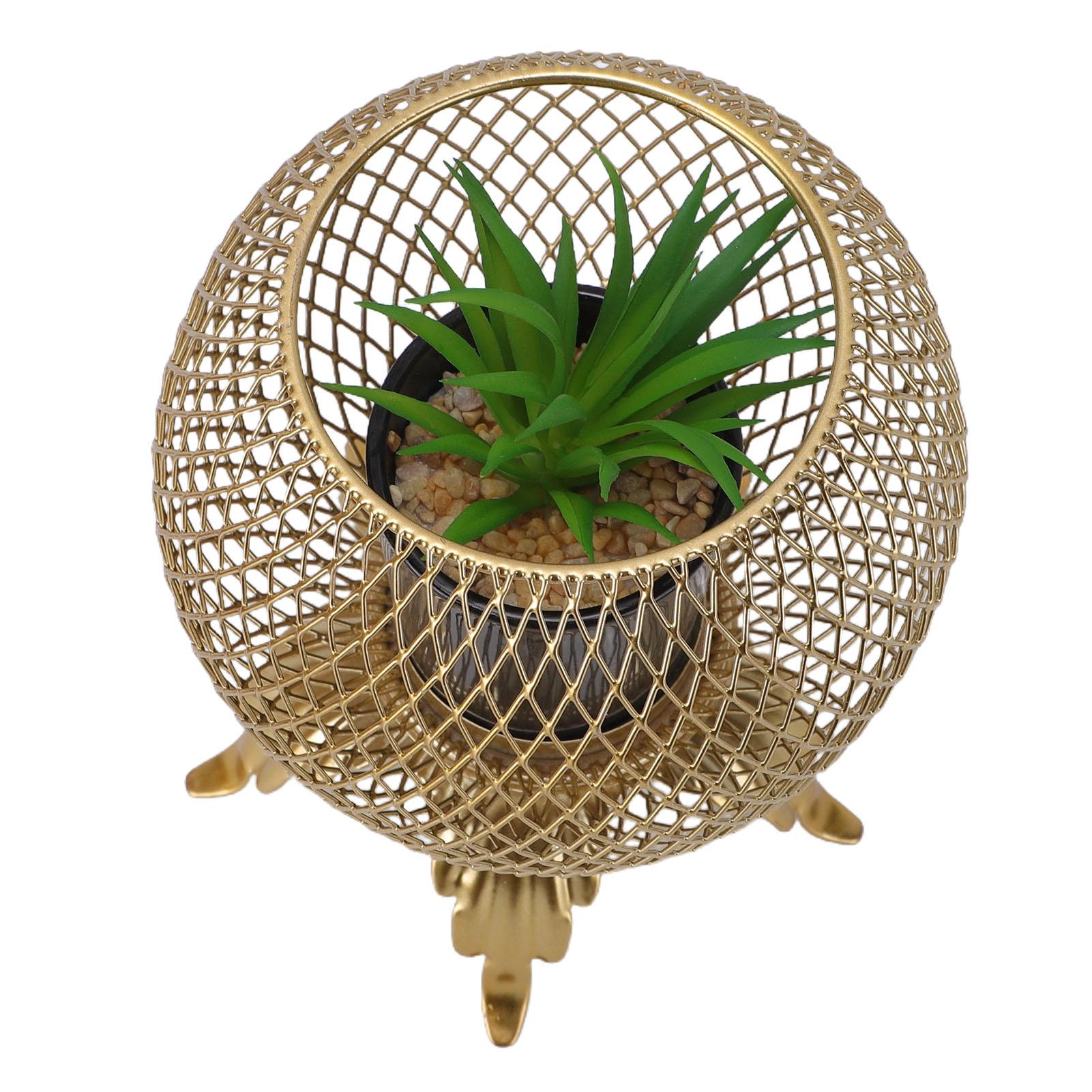 

Artificial Plant with Metal Cage Decorative Potted Fake Succulent Plant for Indoor Home Entryway Shelf Decor Gold