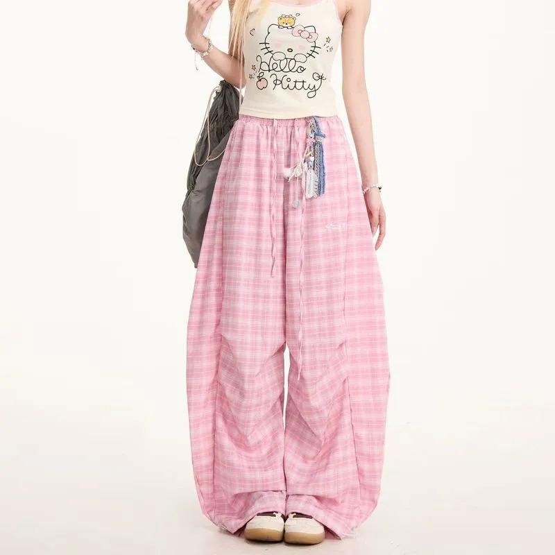 Women's Yellow Gingham Balloon Pants High Waist Oversized Casual Trousers with Elastic Waist
