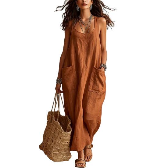 Summer Maxi Dresses for Women, Square Neck Sleeveless Casual Loose Long Dress, Beach Vacation Sundress with Pockets