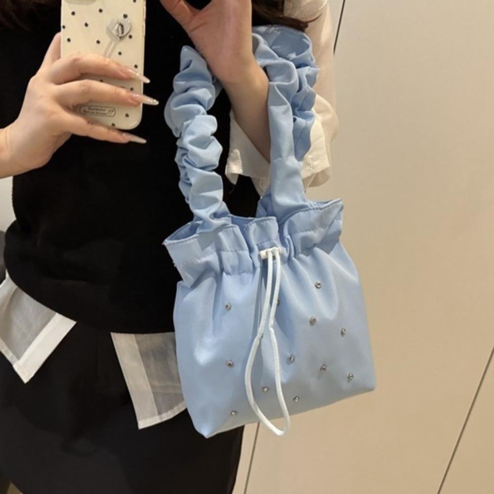 Sweet Pleated Tote Bag Large Capacity Drawstring Handbag Trendy Nylon Shoulder Bag  Commuting