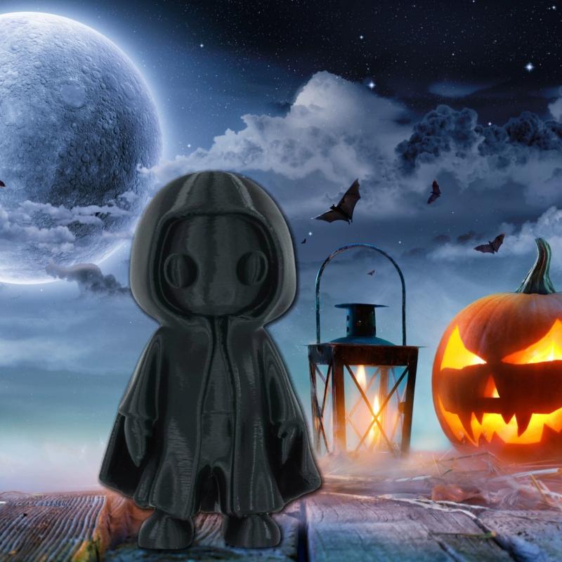 Halloween Niedliche Figur mit Kapuze – 3D-gedruckte Figur mit schwarzem Umhang für drinnen und draußen, Heim-, Schreibtisch-, Gartenornament, lustige gruselige Partydeko