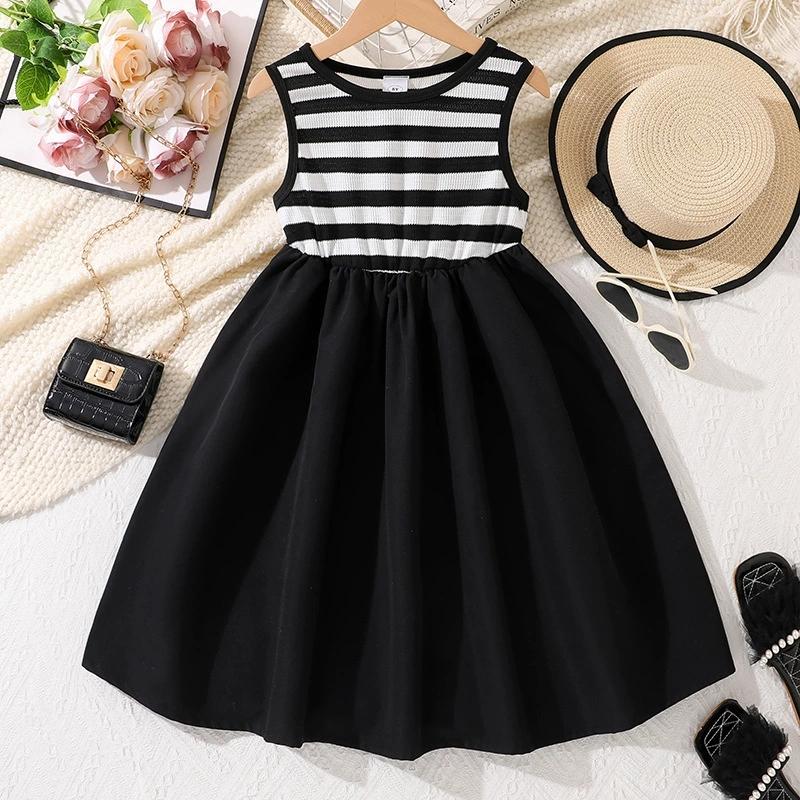 

Girl Sleeveless Striped Dress Children Kid Casual Summer Beach Sundress Princess Dresses Clothes 9Y чёрный