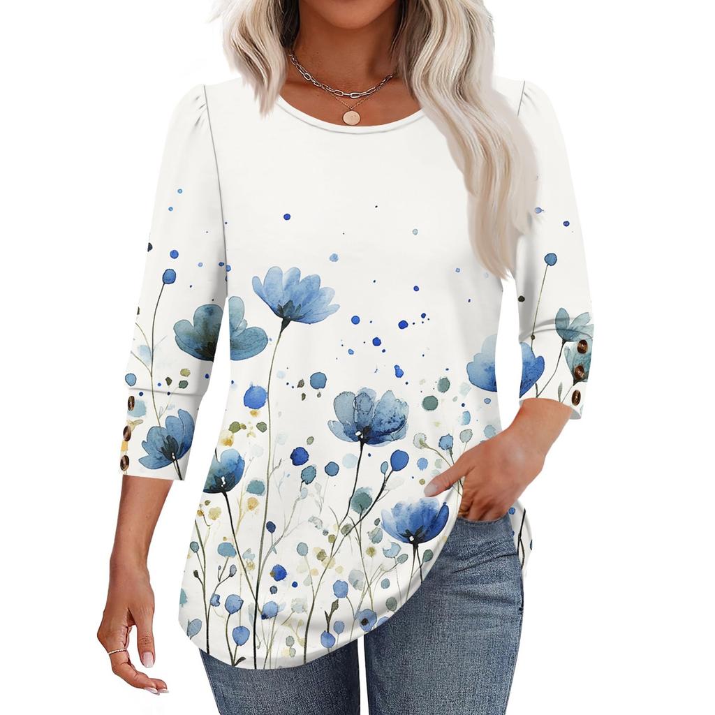 Women's Fashion Casual Floral Print Round Neck T-shirt Top With Seven Cuff Sleeves