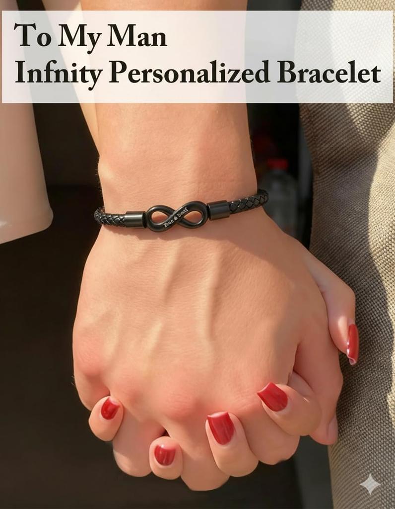To My Man,Personalized Dual Name Infinity Leather Bracelet,Custom Name Stainless Steel Bracelet Valentine Christmas Gift for Him