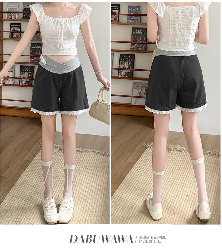 2026 New Style Tummy Support Maternity Denim Shorts with Lace Trim – Summer Wide-Leg Hot Pants