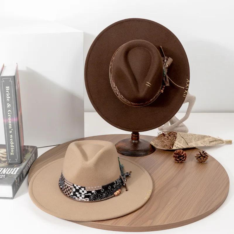 USPOP Vintage Fedora Hat for Women Men Wide Brim Felt Hat with Feather Band Western Style Panama Hat for Spring Autumn