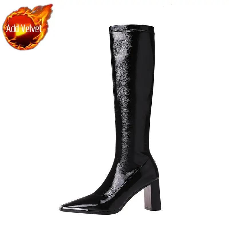 Women's Boots Long Footwear Winter Knee High Shaft Shoes for Woman Very Heel Square Toe Black Novelty Work Fashion New Rock