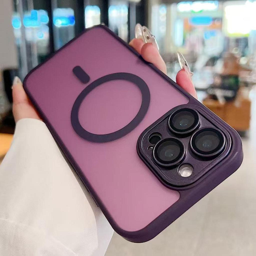 Trendy Magnetic Lens Film & Solid Color Phone Case for Apple 11/13/14/15/16 Pro Max - Frosted Finish, Full Coverage