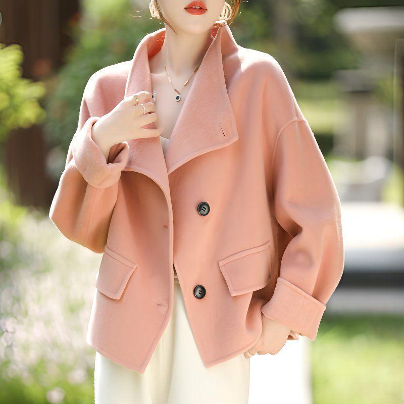 Women's Petite Double-Faced Cashmere Coat - Short Stand Collar, Pure Wool, Loose Slimming Fit for Autumn/Winter